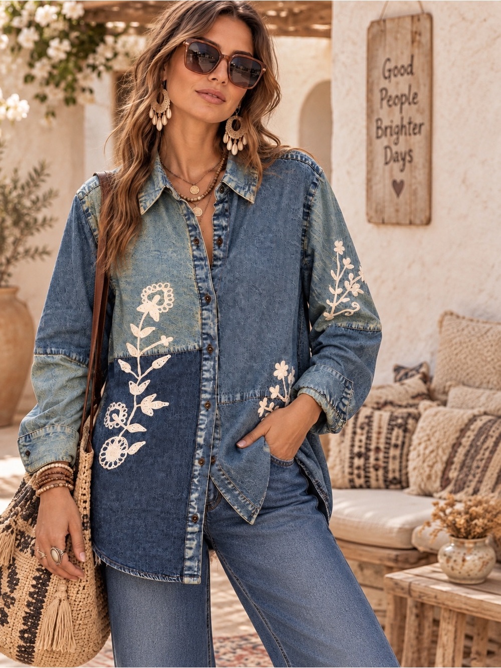 Young Threads Button Down Shirt - Embroidered Patchwork Denim - NWT